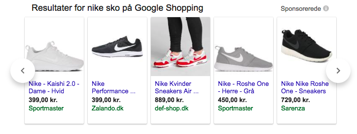 Nuværende visning af Google Shopping (søgning: ”nike sko”)